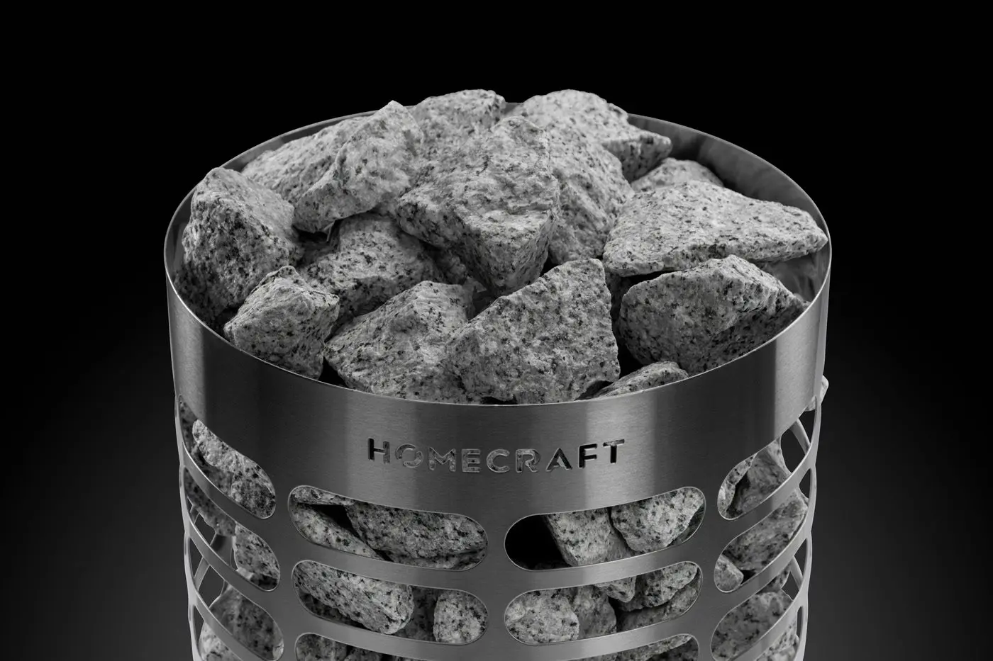 Sauna stones piled in the stainless steel basket at the top of a Homecraft Apex Mini heater