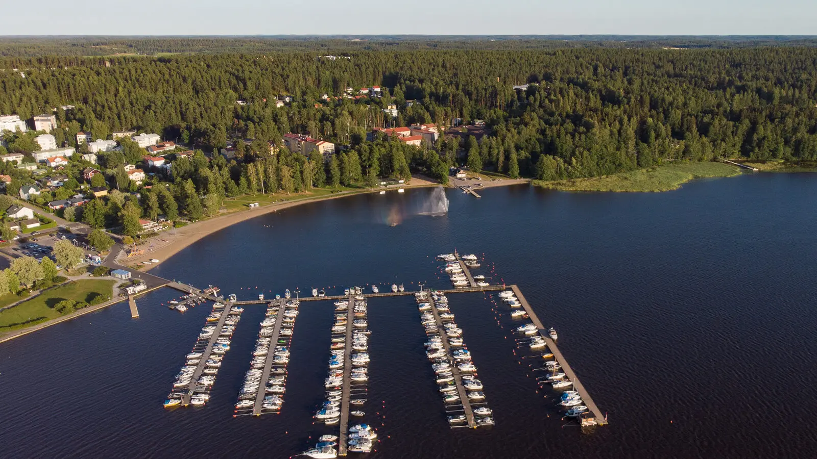 Aerial view of Aurlahti beach and marina at Lohja, Finland, in summer