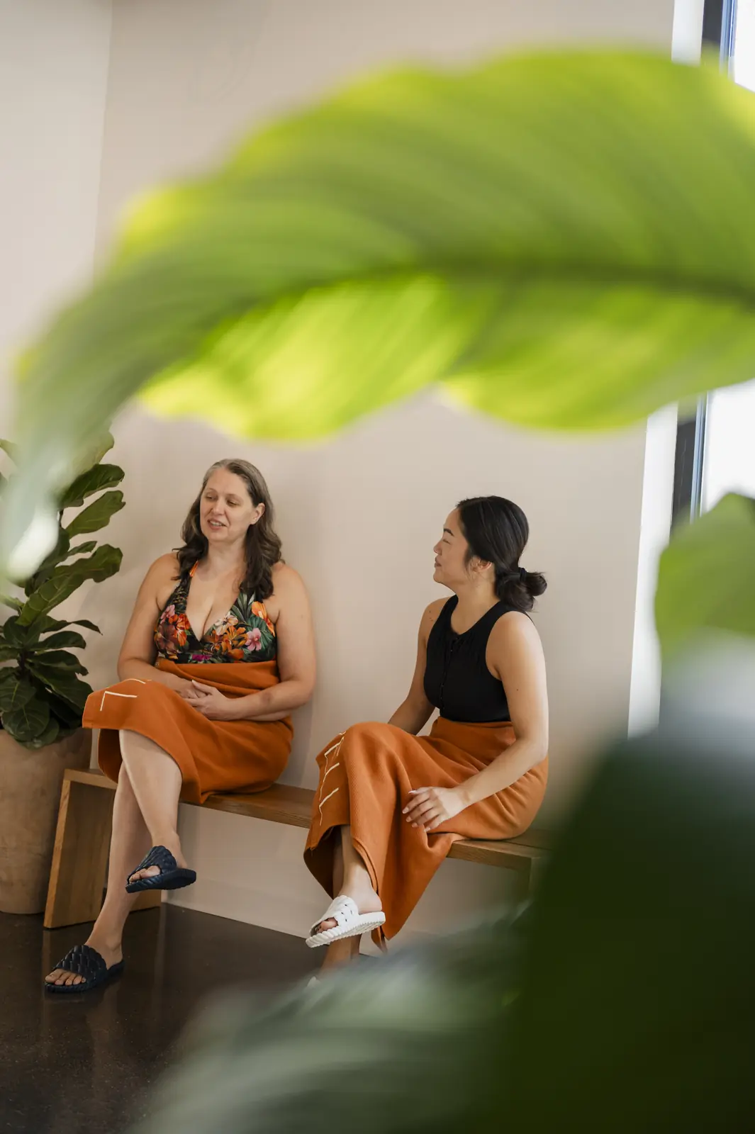 Two women in swimsuits and rust-colored towels talking on a wooden bench, seen past a large green leaf in the foreground