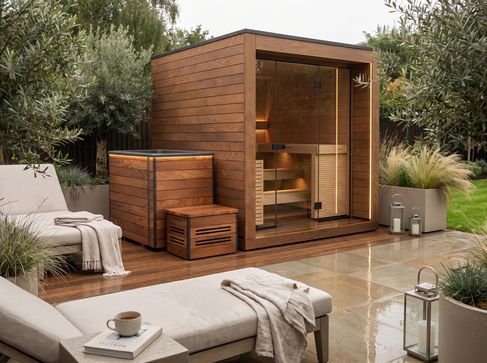 Auroom VelEira cold plunge paired with an Aurea outdoor sauna on a wooden deck surrounded by greenery