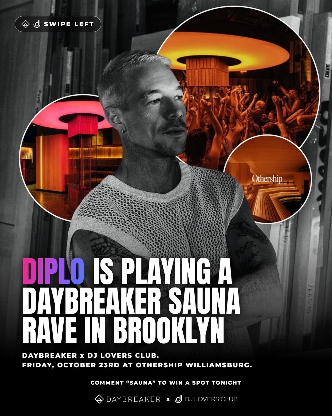 Promotional graphic with a black-and-white photo of Diplo beside round insets of a red-lit sauna and a crowd, under the headline Diplo is playing a Daybreaker sauna rave in Brooklyn