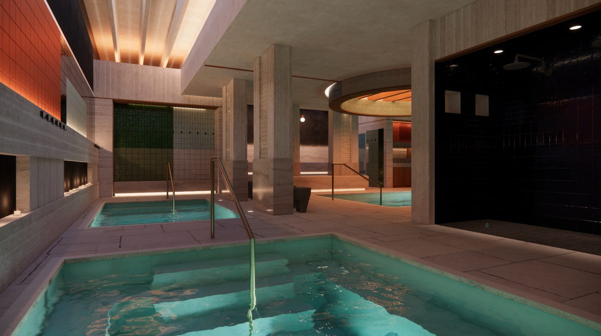 Rendering of the cold plunge room at Grotto Baths in Wynwood, Miami, 2026