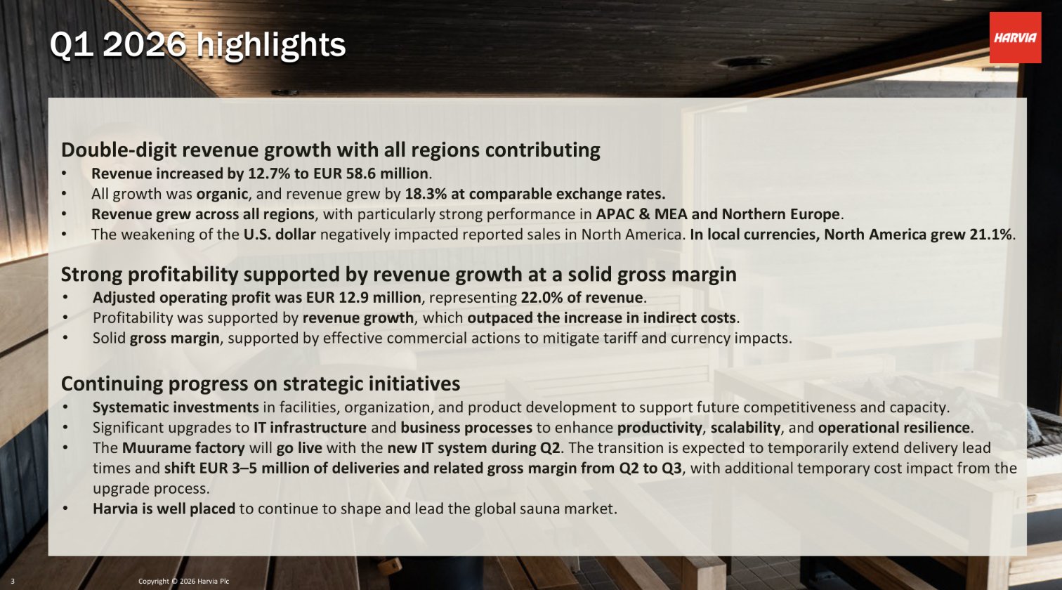 Harvia Q1 2026 highlights: double-digit revenue growth across all regions, strong profitability, and strategic IT investments at Muurame