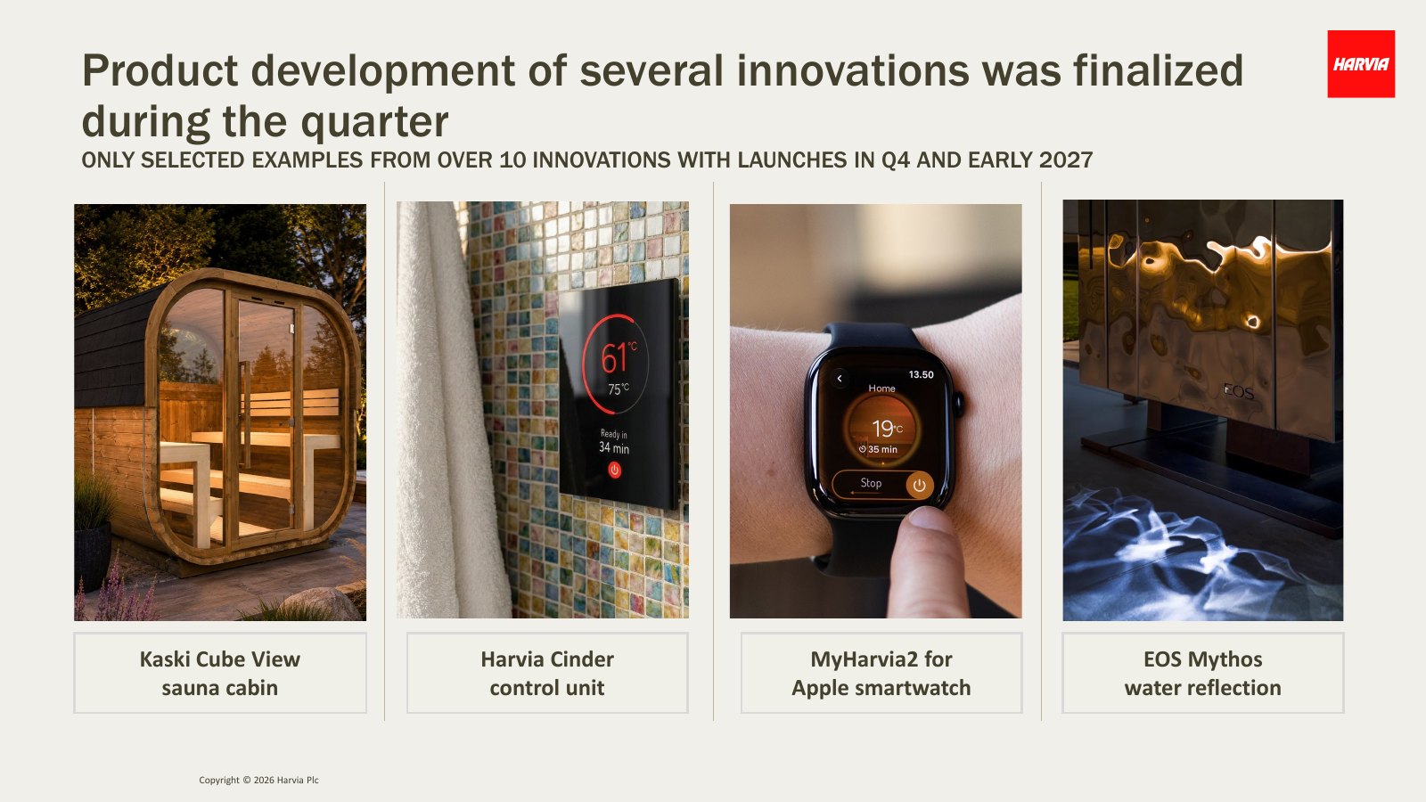 Harvia slide showing the Kaski Cube View sauna, Harvia Cinder control unit, MyHarvia2 on an Apple Watch and the EOS Mythos water reflection finish