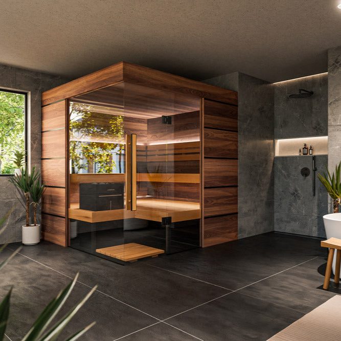 ThermaSol Astra indoor sauna with corner glass-panel front and brushed Tyrol walls, 2026