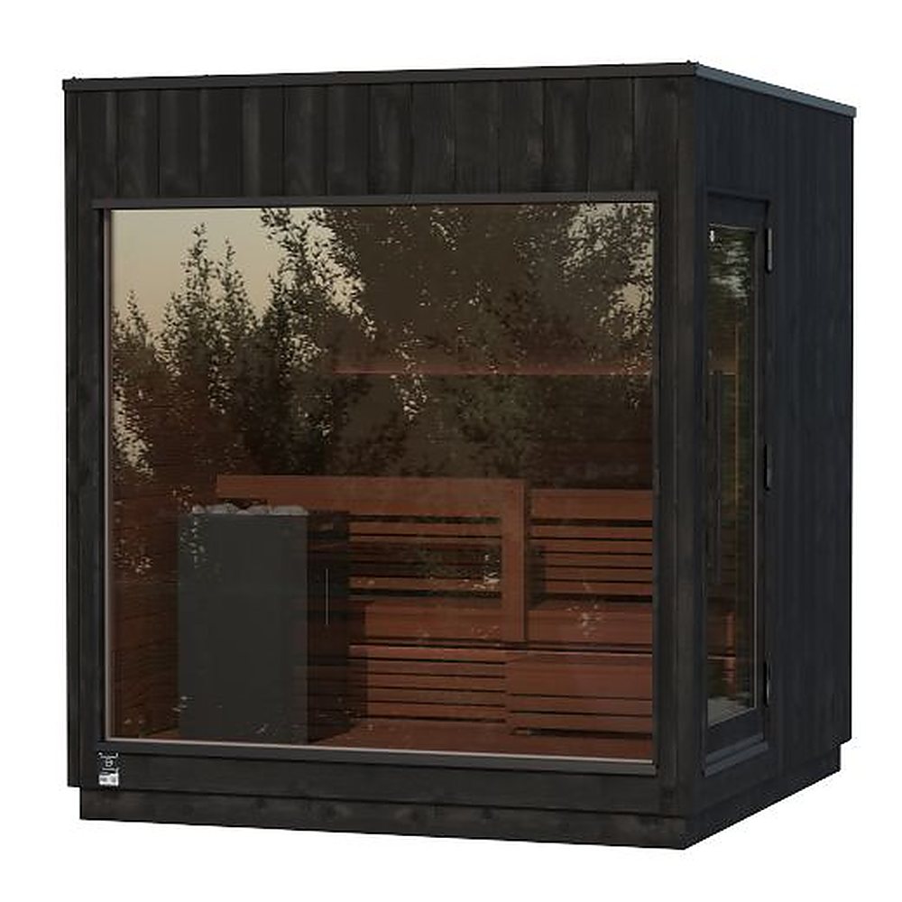 Kirami FinVision M Misty outdoor sauna product image showing thermo-spruce exterior and modular system, 2026