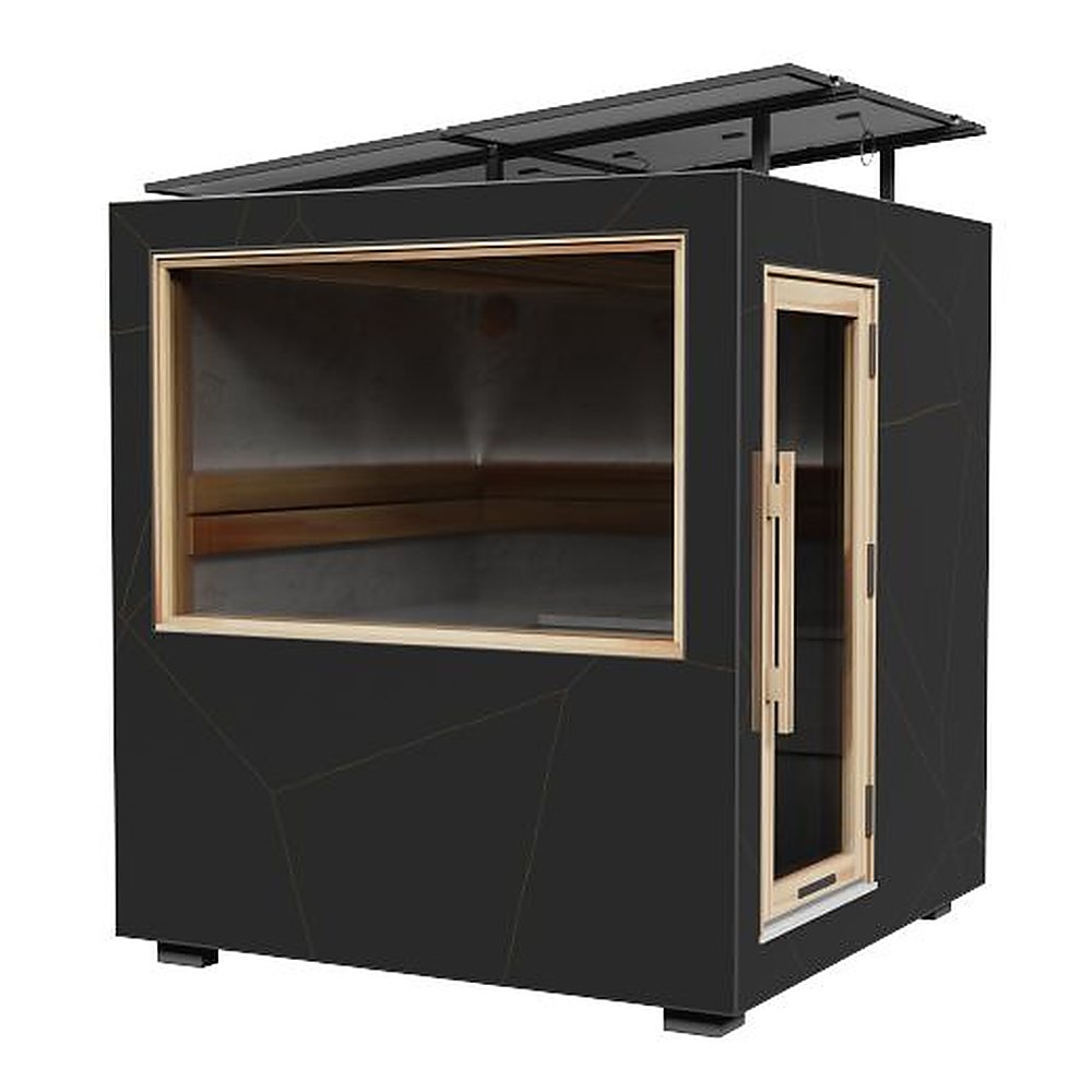 Kirami FinVision Zero sauna cabin product image on white background showing solar panels and tile-clad exterior, 2026