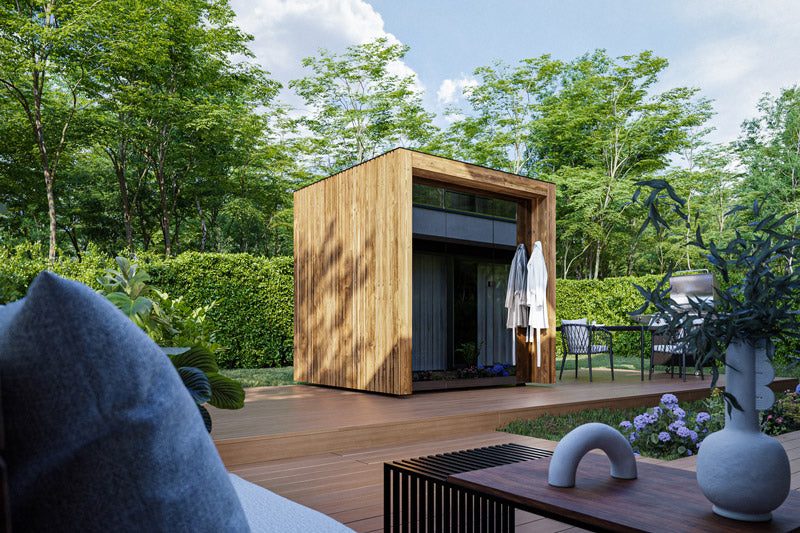 ThermaSol Fortis outdoor sauna with eave-style roofline and brushed Tyrol facade, built by Kirami in Finland, 2026