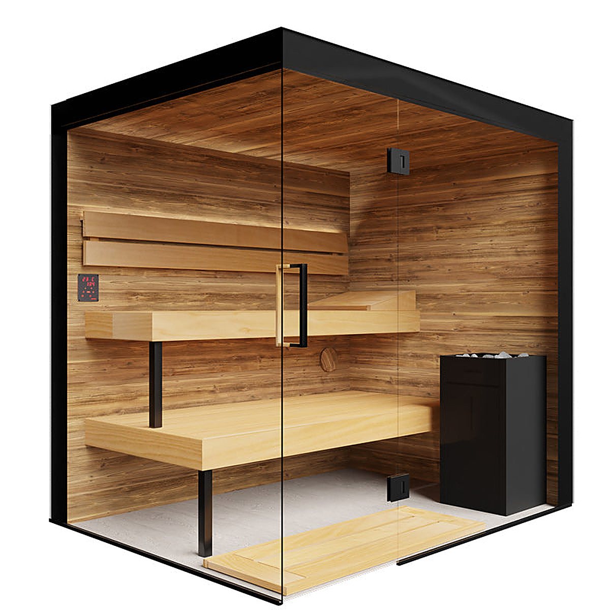 ThermaSol Lumaria indoor sauna with panoramic transparent glass front and heat-treated aspen benches, 2026