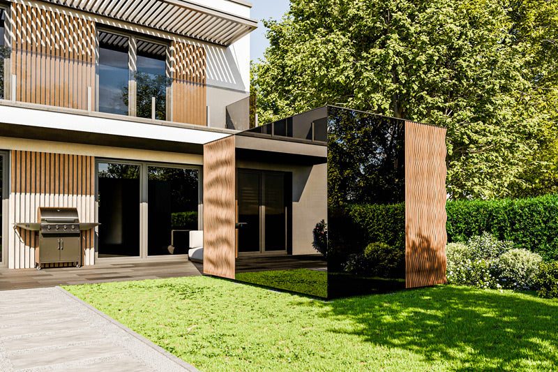 ThermaSol Ombra outdoor sauna cabin with IPE Lapacho wave-pattern exterior and Stopsol Bronze glass, built by Kirami in Sastamala Finland, 2026