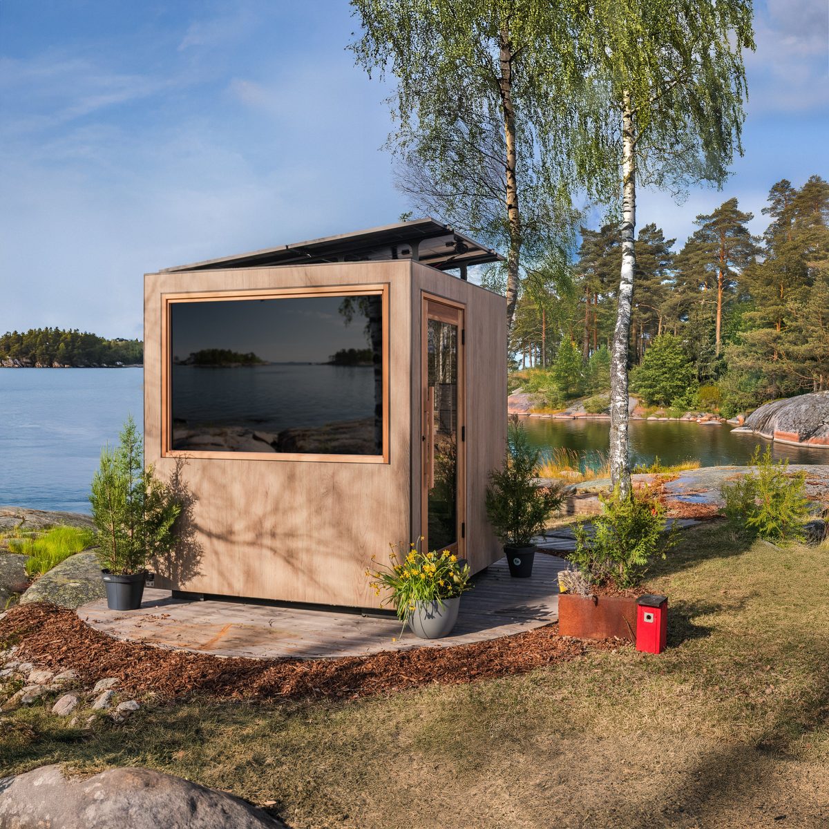 ThermaSol Solaris off-grid solar-powered sauna cabin with Tile Oak cladding and integrated solar panels, FinVision Zero from Kirami Finland, 2026