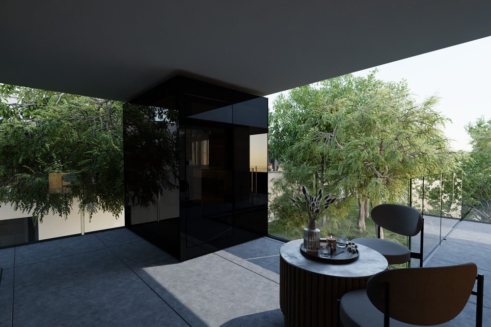 ThermaSol Vera compact outdoor sauna with dual mirrored Parsol glass walls, manufactured in Sastamala Finland, 2026
