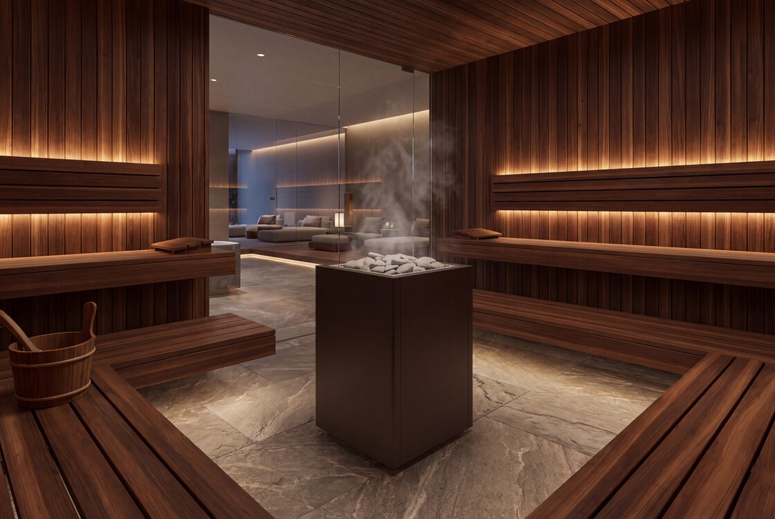 A tall black HUUM CORE Pro Black heater with steam rising from its stones in a dark wooden sauna with glowing bench lights and a lounge behind glass