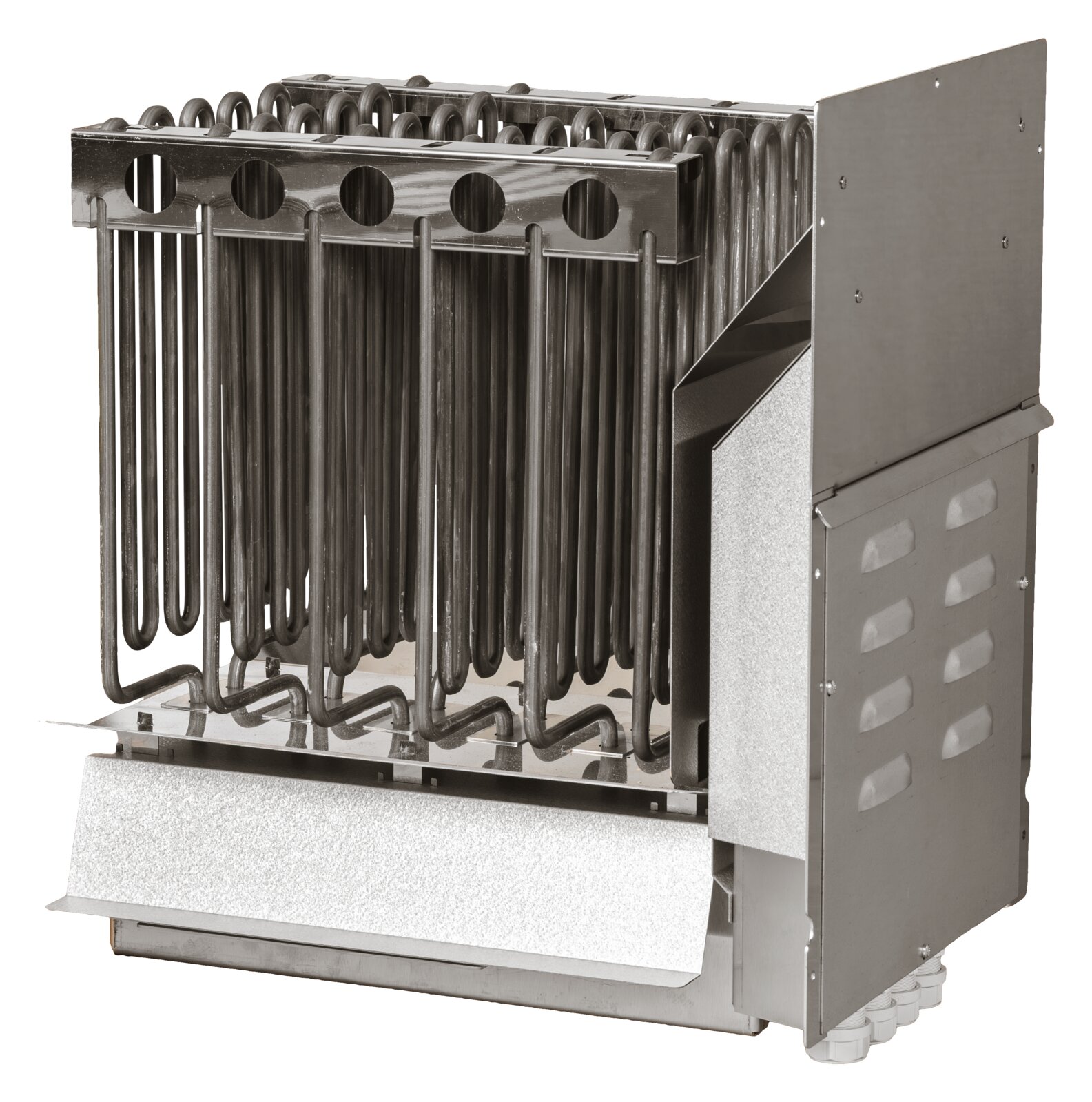 The CORE Pro's heating element drawer pulled out of a bare stainless steel heater core, showing a row of looped heating elements and an opened side access panel