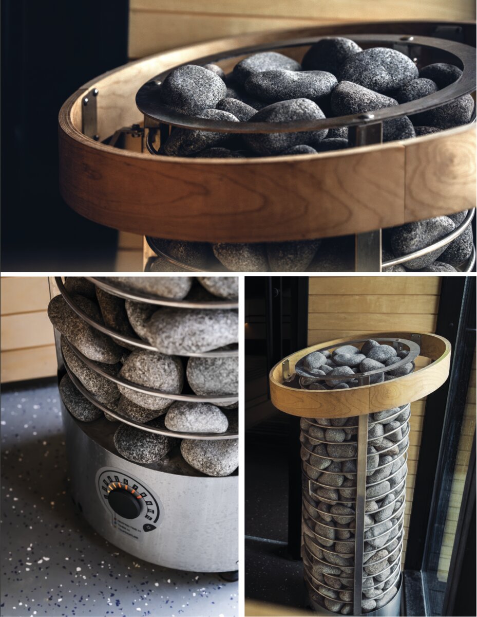 Three close-up views of HUUM's new cylindrical heaters: a wooden ring around a basket of dark stones, a stainless base with a round LED control dial, and a tall stone column with a wooden top ring