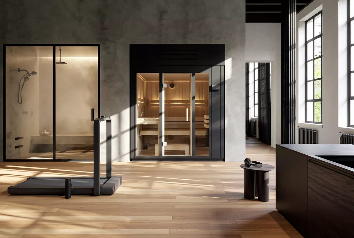 Kohler C1 indoor sauna with glass door panel and Scandinavian spruce cladding