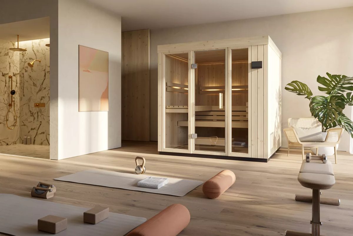 Interior of Kohler sauna showing obeche wood benches and integrated KLAFS FERO heater