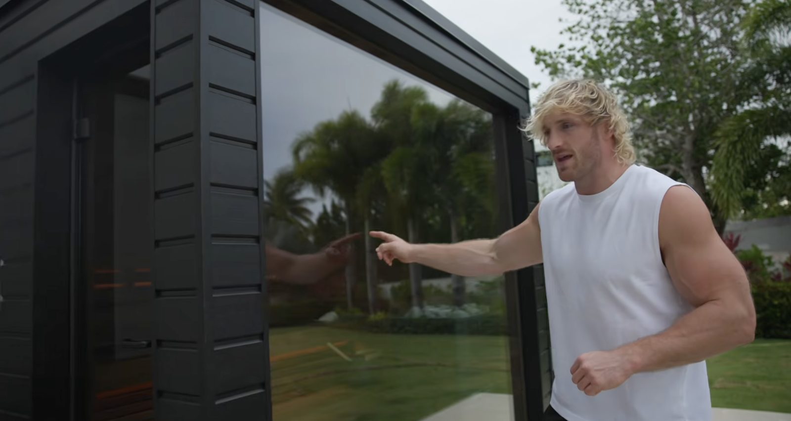 Logan Paul reaching for the glass door handle of his SaunaLife G6 sauna, showing the black spruce cladding and glass panel up close