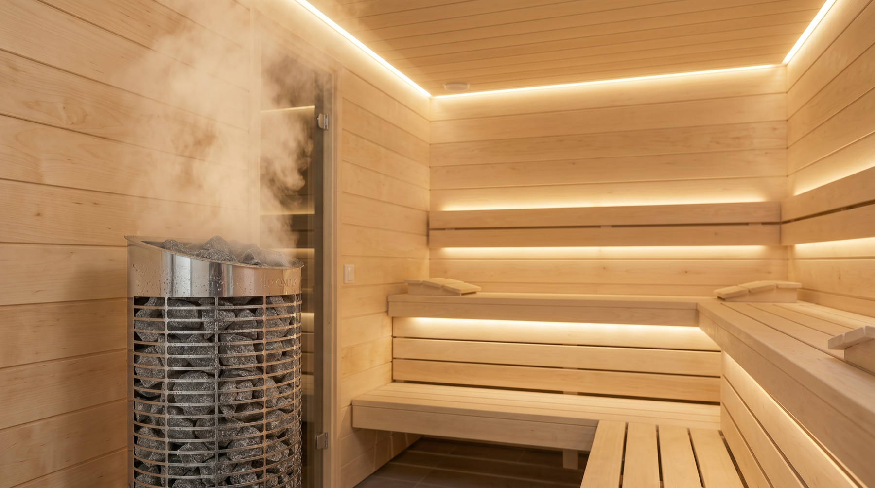 Mondex Kalla 2.0 stainless steel sauna heater in a modern wood sauna interior