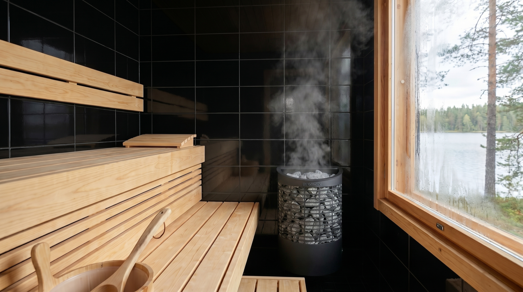 Mondex Teno 2.0 black sauna heater in a lakeside sauna interior