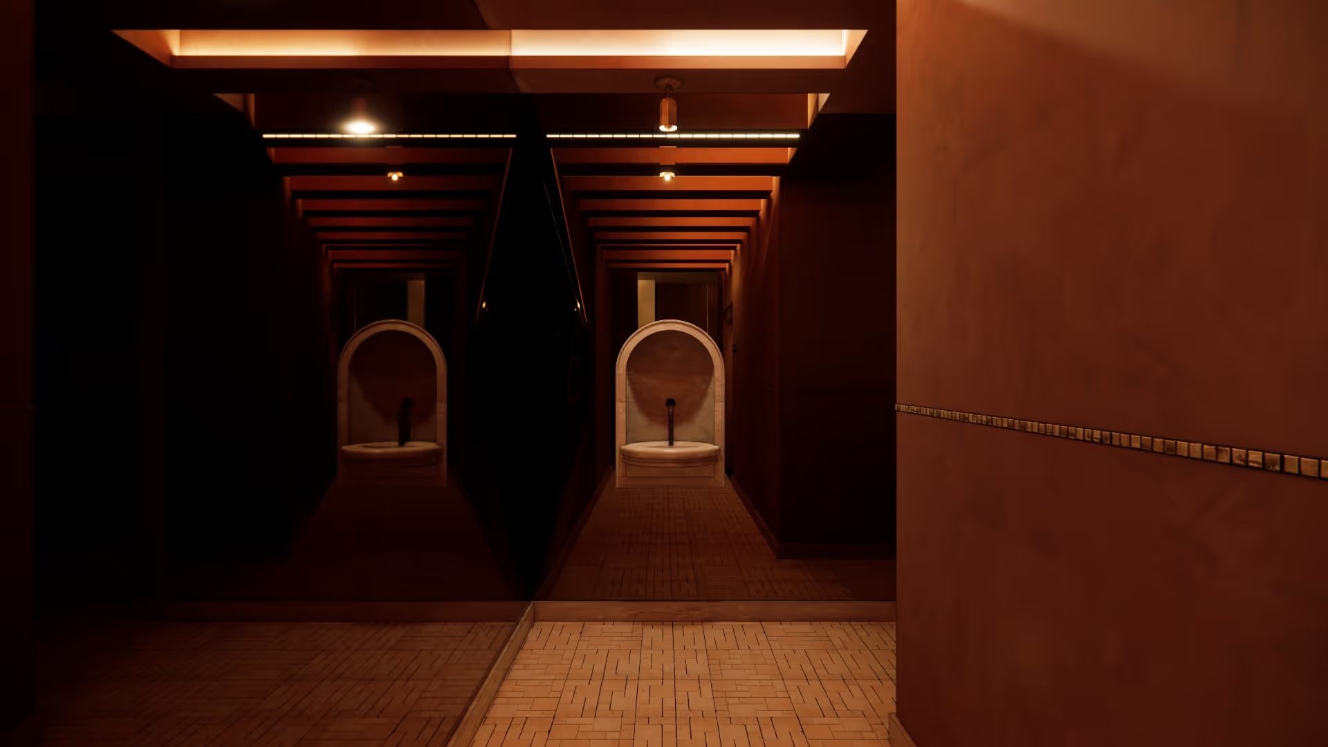 Sant Roch interior showing arched wall fountain niches with wooden brick flooring
