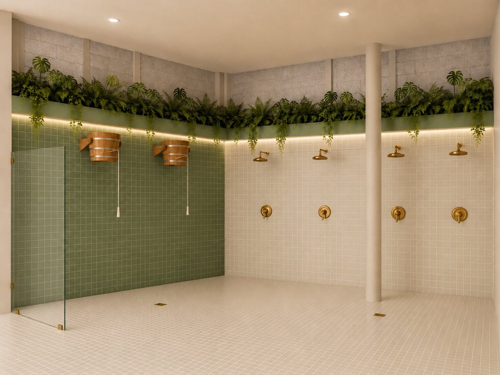 Rendering of a tiled rinse area with two wooden cold buckets on a green wall and four brass rain showers