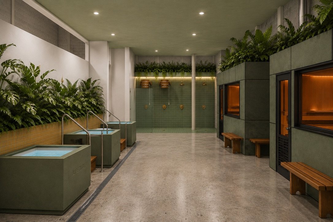 Rendering of Sauna Jungle's interior with cold plunges along a planted wall, bucket showers at the back and sauna doors on the right
