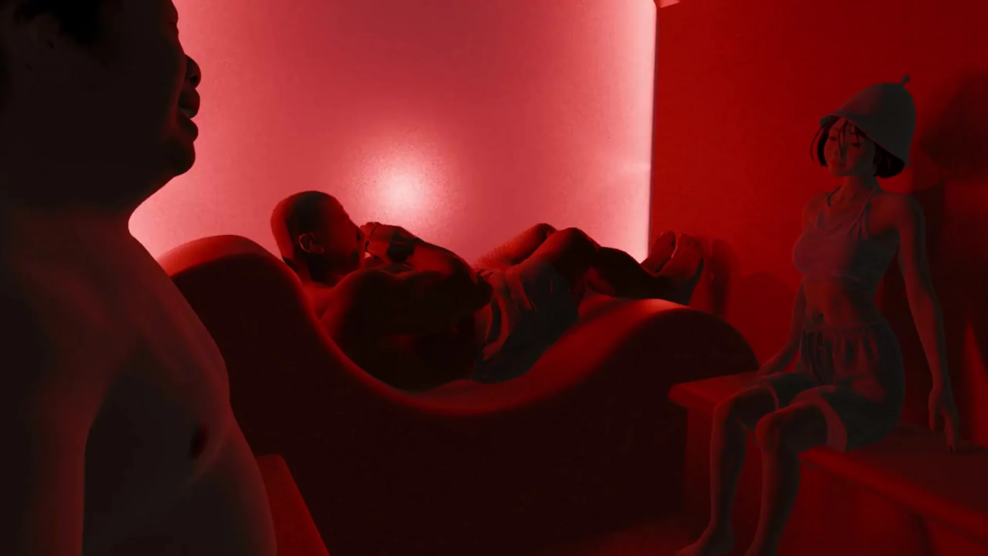 Guests sit and recline on curved benches inside Sauna Mother's red-lit sauna.