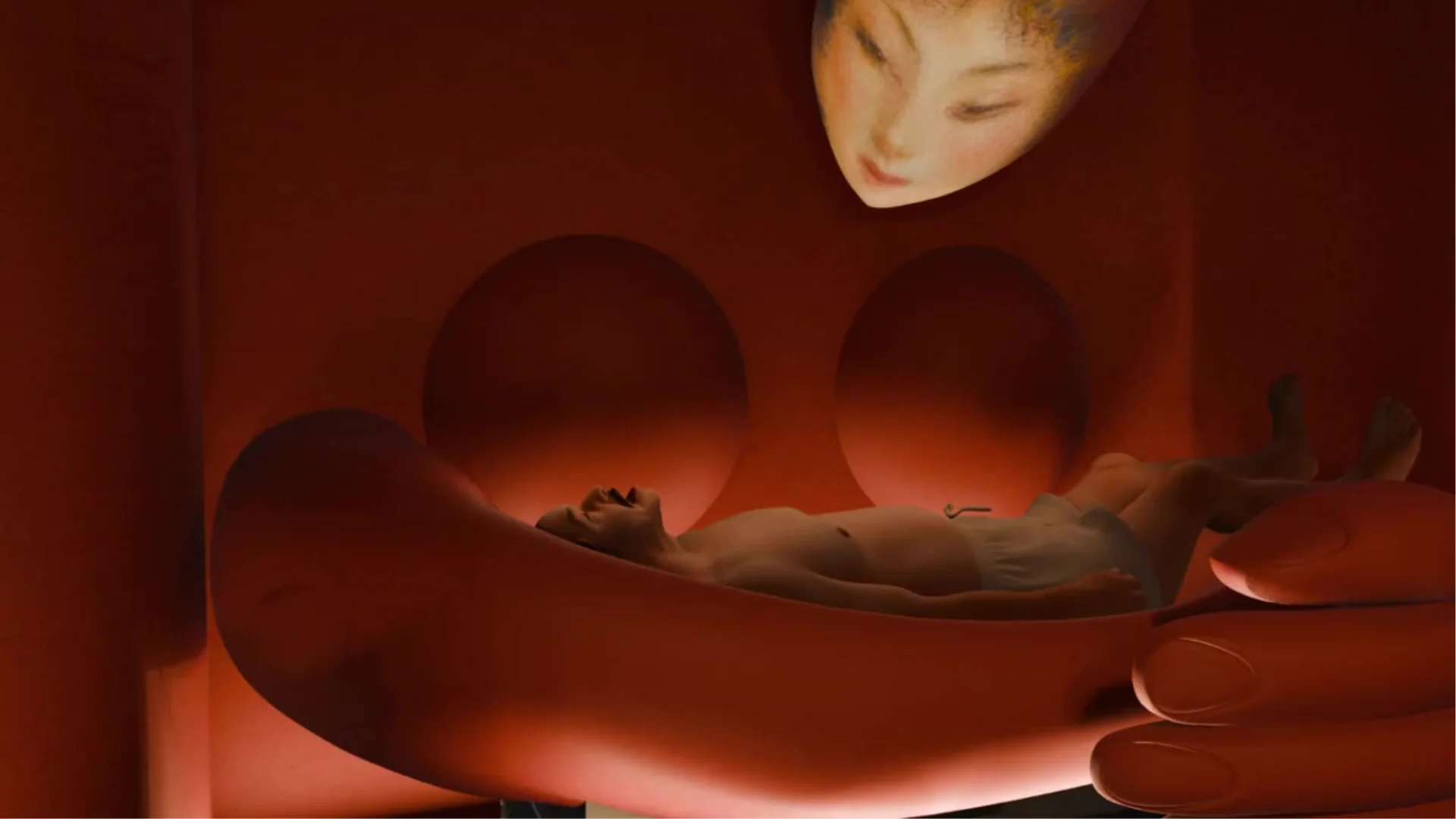 A guest reclines in a red sofa shaped like an embrace beneath a projected maternal face.