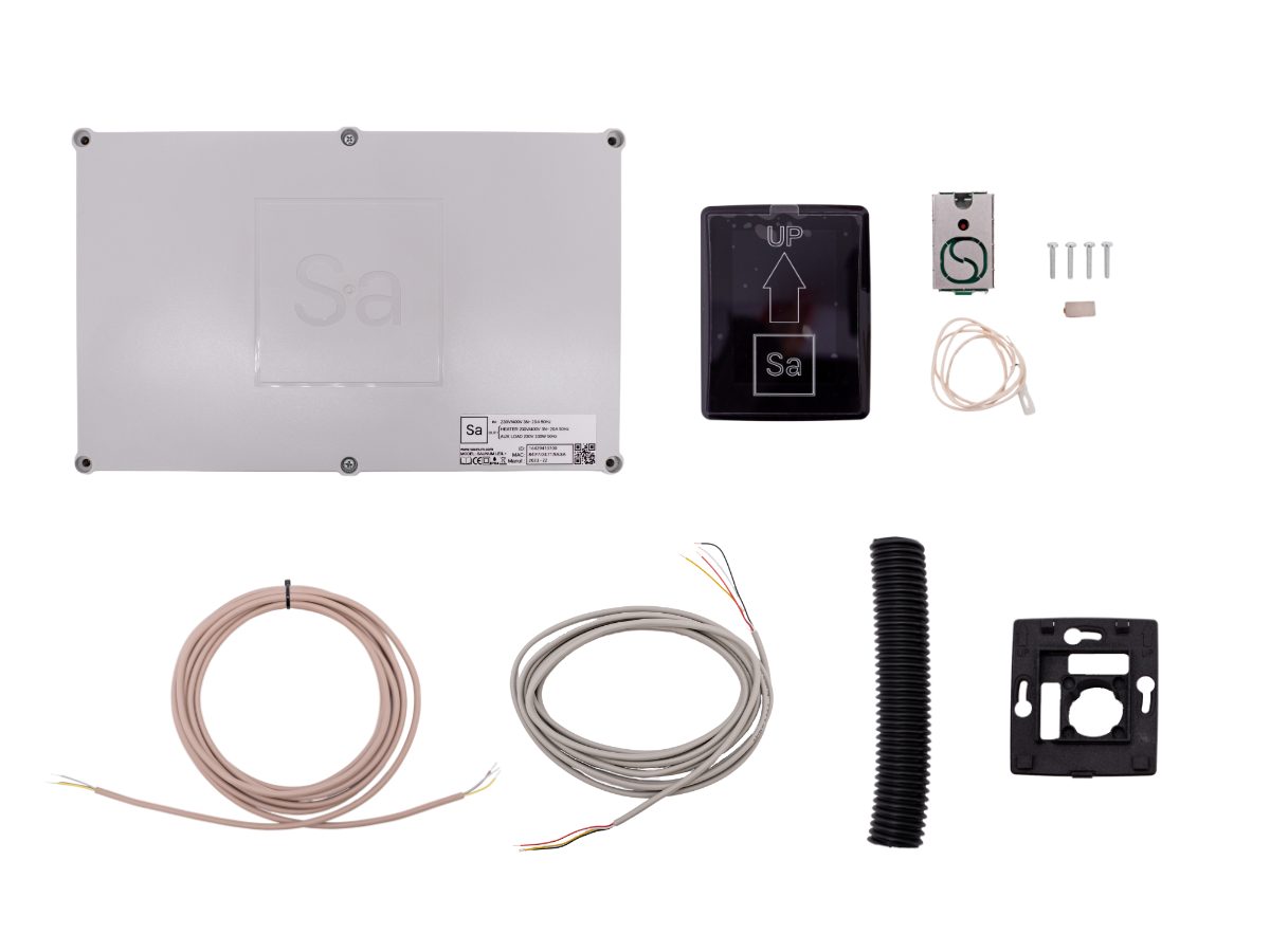 Saunum Leil 1.1 control unit kit laid out on a white background: enclosure, control panel, sensors and cabling
