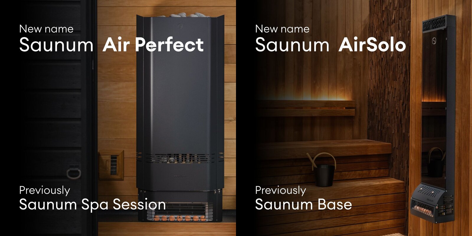 Two Saunum cards labeled with new and previous names: Saunum Air Perfect, previously Saunum Spa Session, and Saunum AirSolo, previously Saunum Base