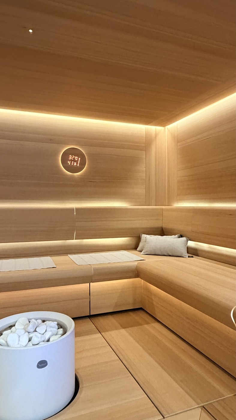 White Tulikivi electric sauna heater with white stones at the Cariitti showroom