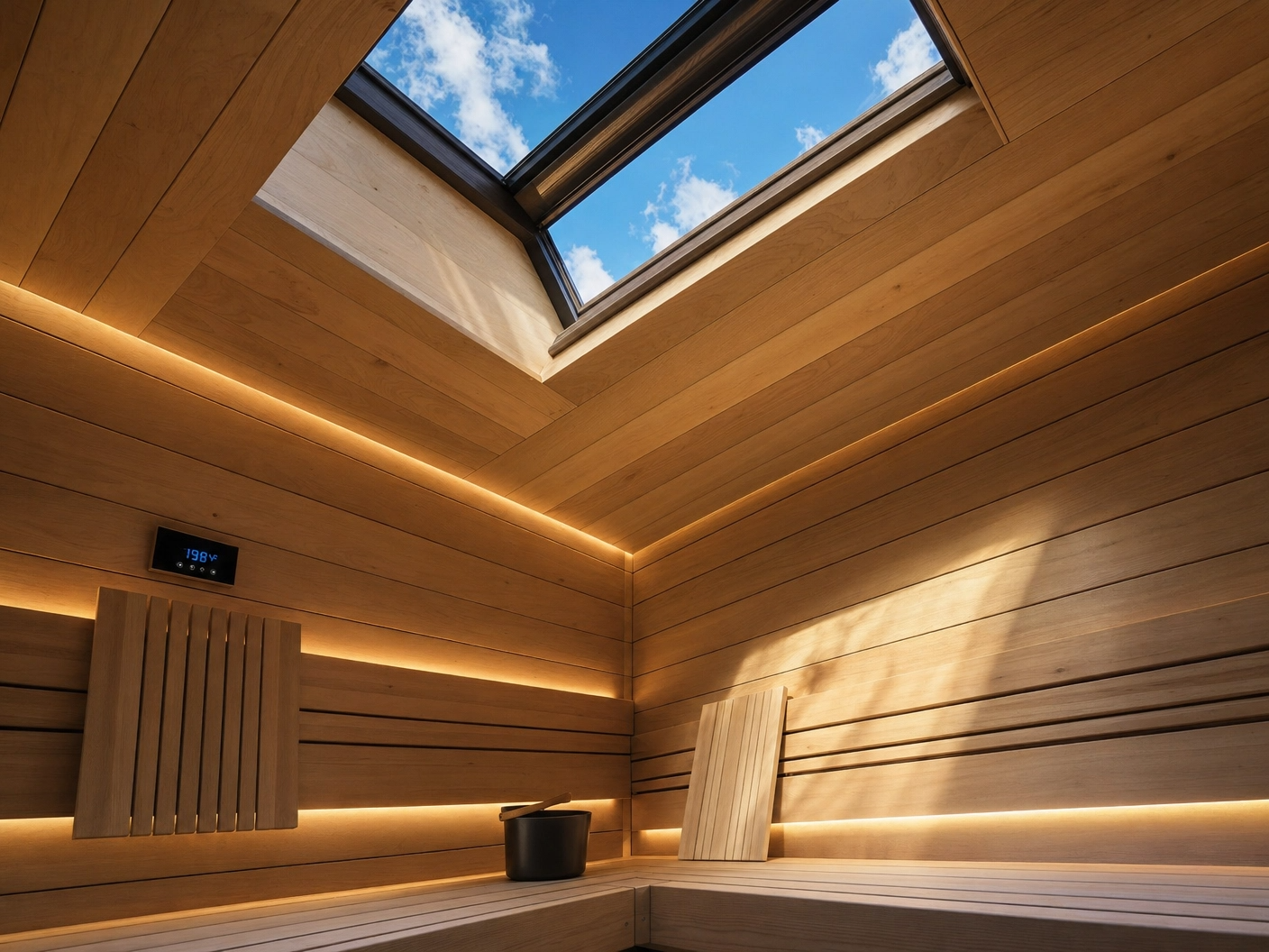 A precision-engineered commercial sauna interior with thermo-treated wood cladding, integrated LED lighting, and a skylight open to blue sky