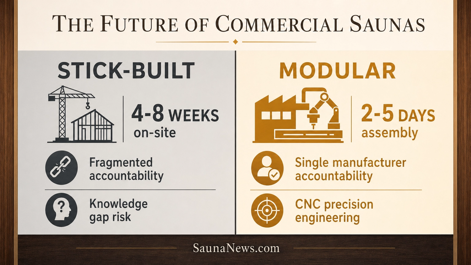Infographic comparing stick-built commercial sauna construction (4-8 weeks on-site, fragmented accountability, knowledge gap risk) versus modular construction (2-5 days assembly, single manufacturer accountability, CNC precision engineering)
