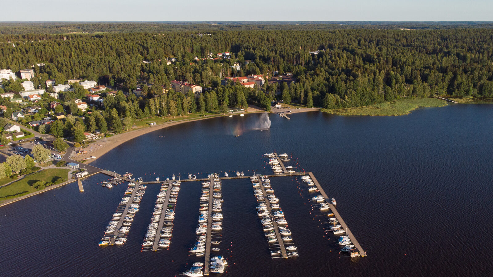 Aerial view of Aurlahti beach and marina at Lohja, Finland, in summer