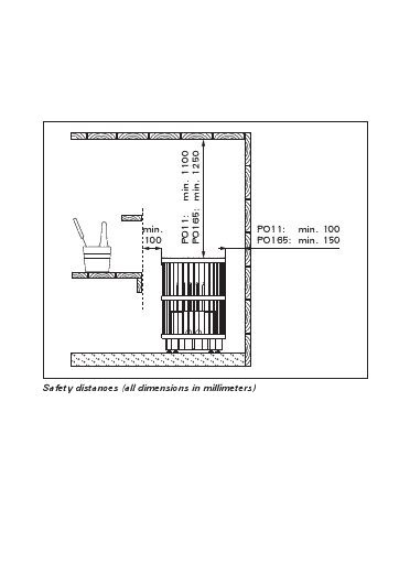 Harvia Legend PO11, PO165 safety distances (technical diagram)